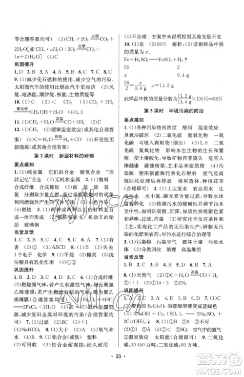 江苏凤凰美术出版社2023创新课时作业本九年级下册化学上教版参考答案