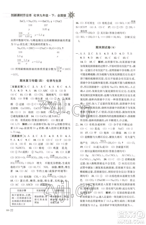 江苏凤凰美术出版社2023创新课时作业本九年级下册化学全国版参考答案