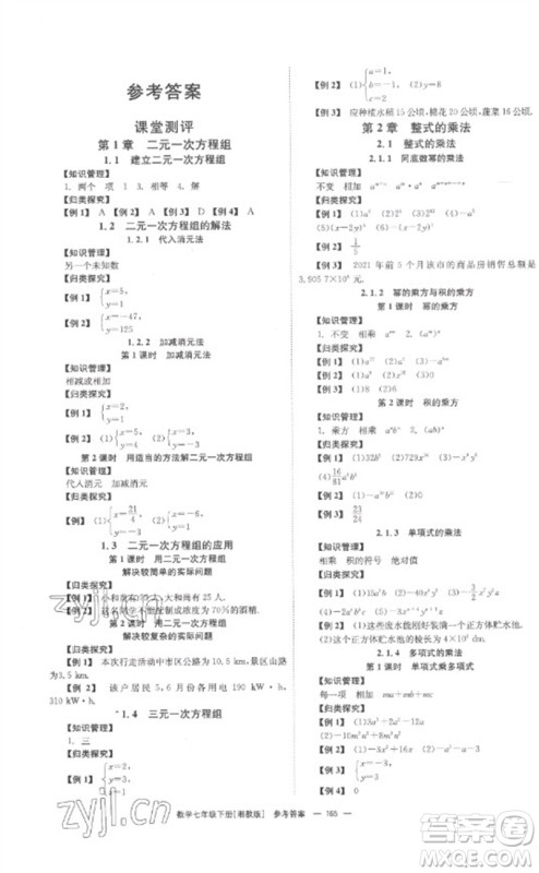 湖南教育出版社2023全效学习同步学练测七年级数学下册湘教版参考答案