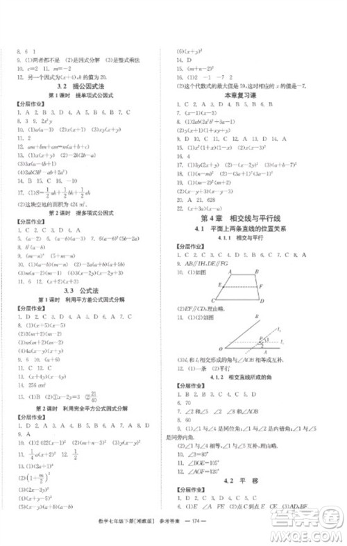 湖南教育出版社2023全效学习同步学练测七年级数学下册湘教版参考答案