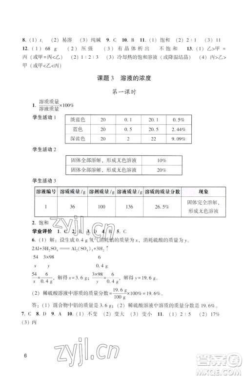 广州出版社2023阳光学业评价九年级下册化学人教版参考答案
