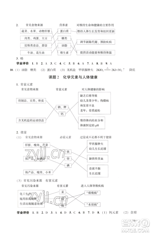 广州出版社2023阳光学业评价九年级下册化学人教版参考答案