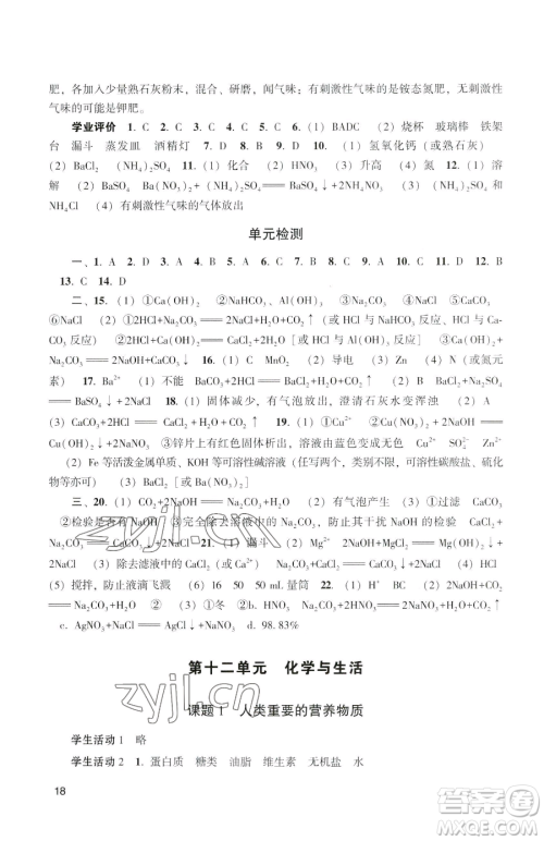 广州出版社2023阳光学业评价九年级下册化学人教版参考答案