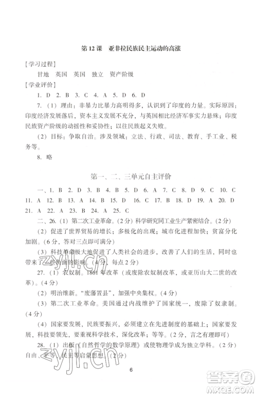 广州出版社2023阳光学业评价九年级下册历史人教版参考答案