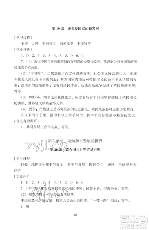 广州出版社2023阳光学业评价九年级下册历史人教版参考答案
