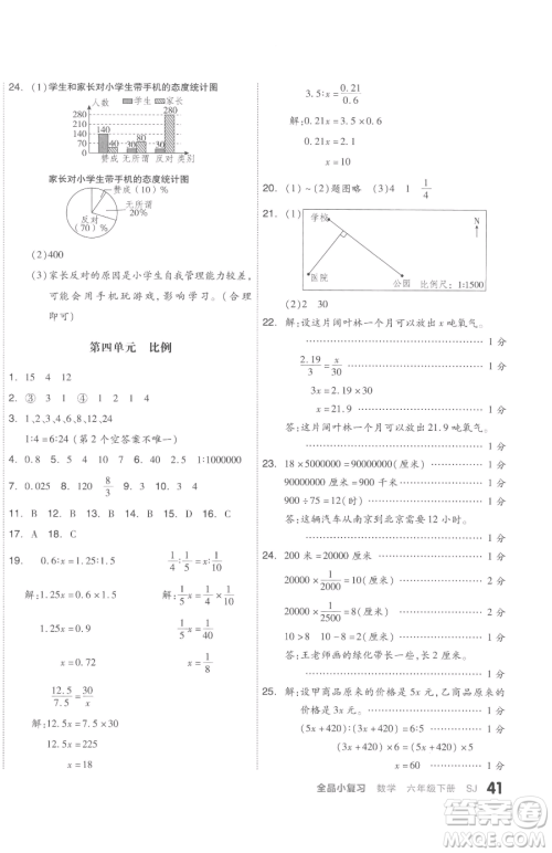 天津人民出版社2023全品小复习六年级下册数学苏教版参考答案