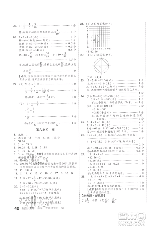 天津人民出版社2023全品小复习五年级下册数学苏教版参考答案