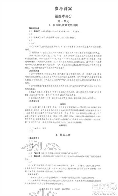 湖南教育出版社2023全效学习同步学练测九年级语文下册人教版参考答案