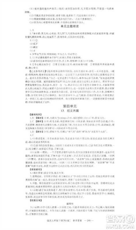 湖南教育出版社2023全效学习同步学练测九年级语文下册人教版参考答案