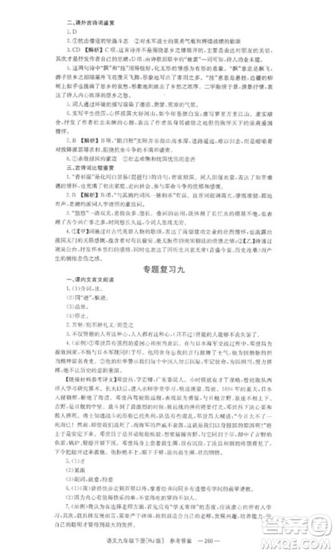 湖南教育出版社2023全效学习同步学练测九年级语文下册人教版参考答案