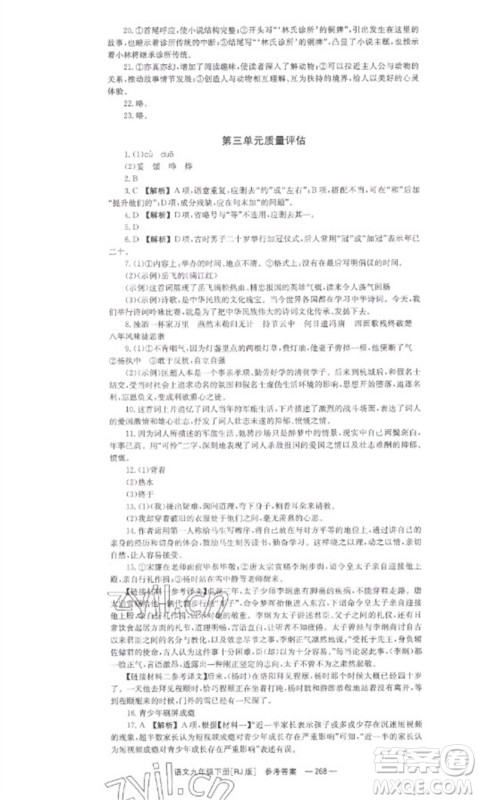 湖南教育出版社2023全效学习同步学练测九年级语文下册人教版参考答案