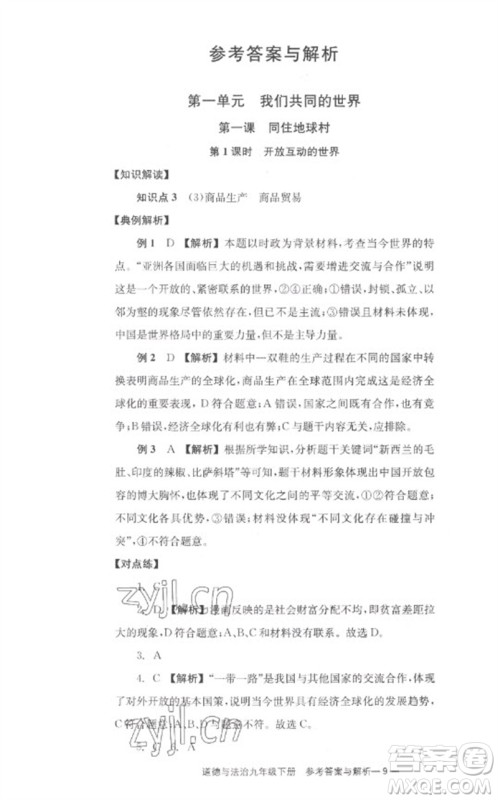 湖南教育出版社2023全效学习同步学练测九年级道德与法治下册人教版参考答案