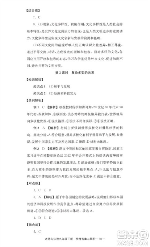 湖南教育出版社2023全效学习同步学练测九年级道德与法治下册人教版参考答案