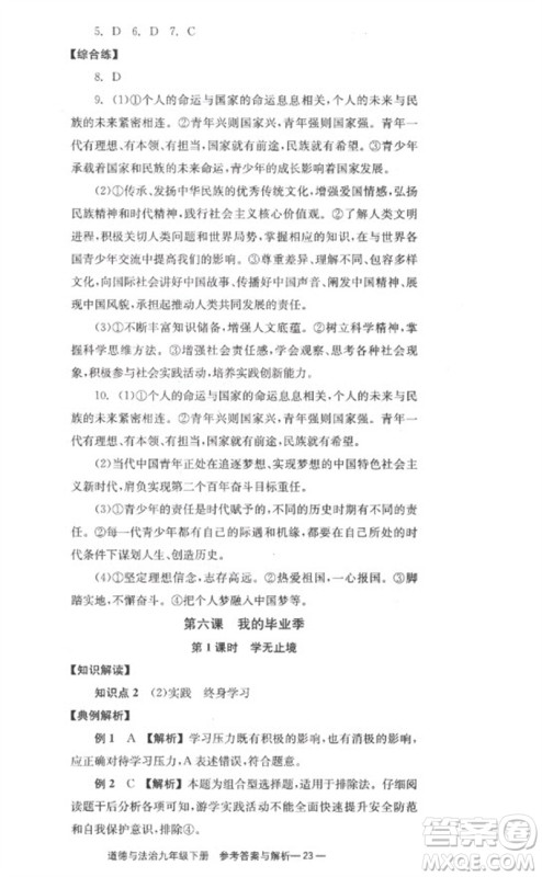 湖南教育出版社2023全效学习同步学练测九年级道德与法治下册人教版参考答案