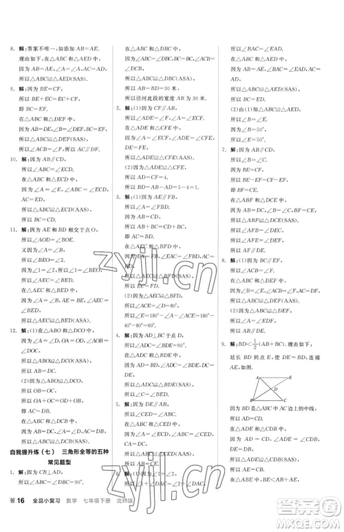 阳光出版社2023全品小复习七年级下册数学北师大版参考答案