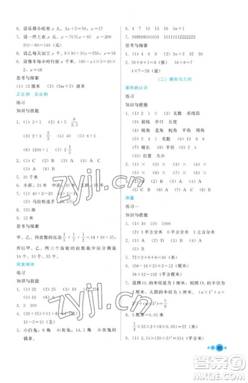 河北教育出版社2023基本功训练六年级数学下册冀教版参考答案