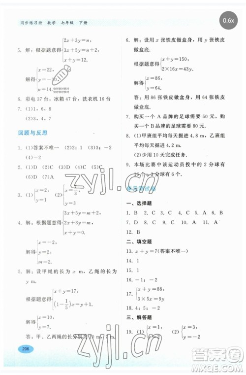 河北教育出版社2023同步练习册七年级数学下册冀教版参考答案