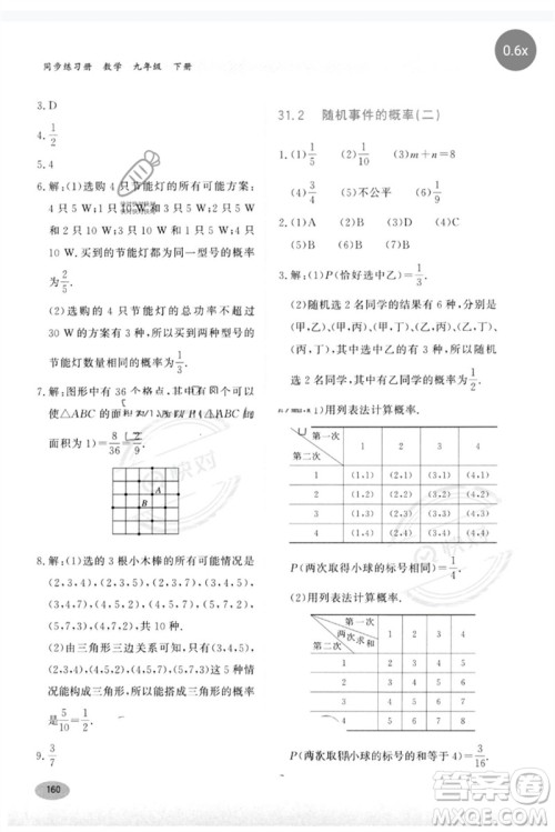 河北教育出版社2023同步练习册九年级数学下册冀教版参考答案