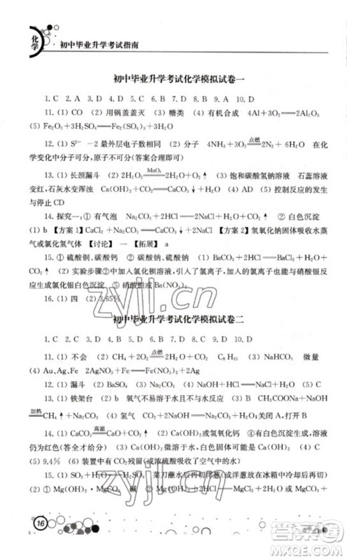 江苏凤凰科学技术出版社2023初中毕业升学考试指南九年级化学通用版参考答案