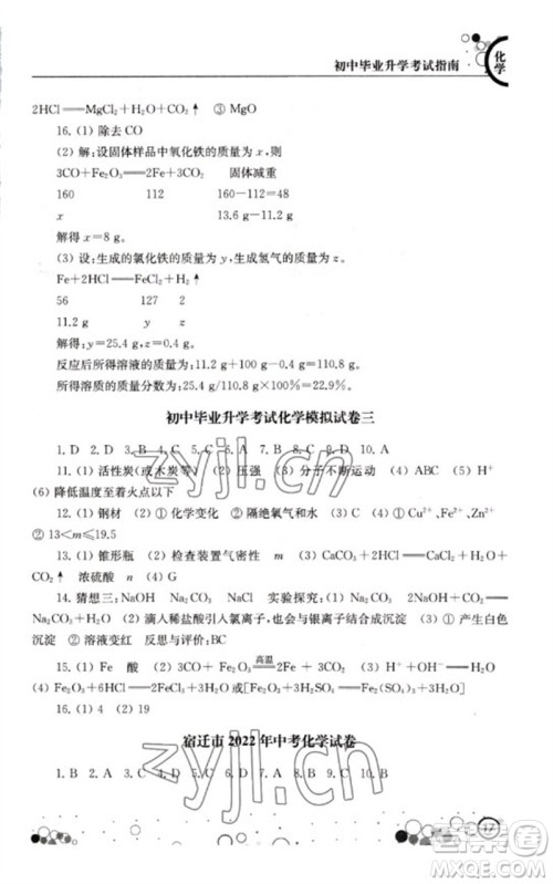 江苏凤凰科学技术出版社2023初中毕业升学考试指南九年级化学通用版参考答案