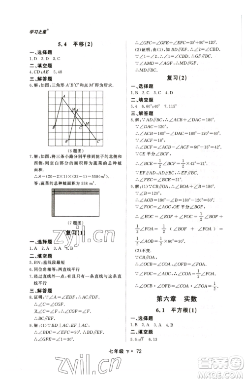 沈阳出版社2023博师在线七年级下册数学人教版大连专版参考答案