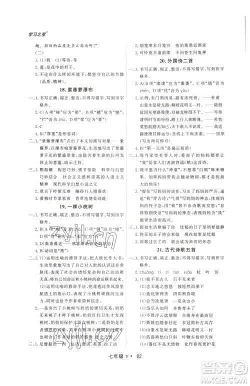 沈阳出版社2023博师在线七年级下册语文人教版大连专版参考答案