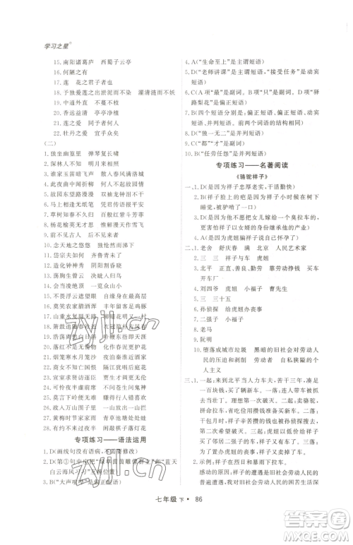 沈阳出版社2023博师在线七年级下册语文人教版大连专版参考答案