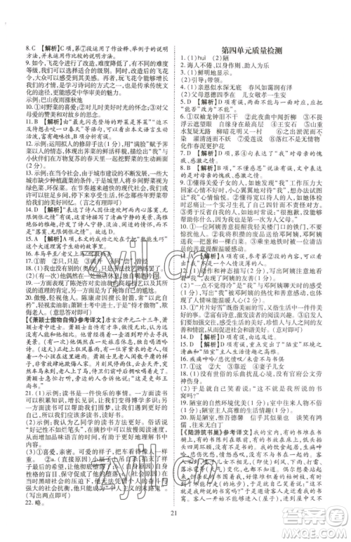 云南美术出版社2023畅行课堂七年级下册语文人教版参考答案