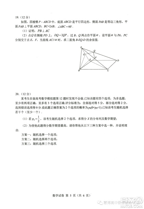 2023届武昌高三下学期5月质量检测数学试卷答案 2023届武昌高三下学期5月质量检测数学试卷答案
