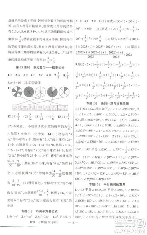 新疆青少年出版社2023原创新课堂七年级数学下册北师大版深圳专版参考答案