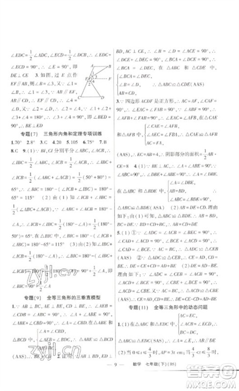 新疆青少年出版社2023原创新课堂七年级数学下册北师大版深圳专版参考答案