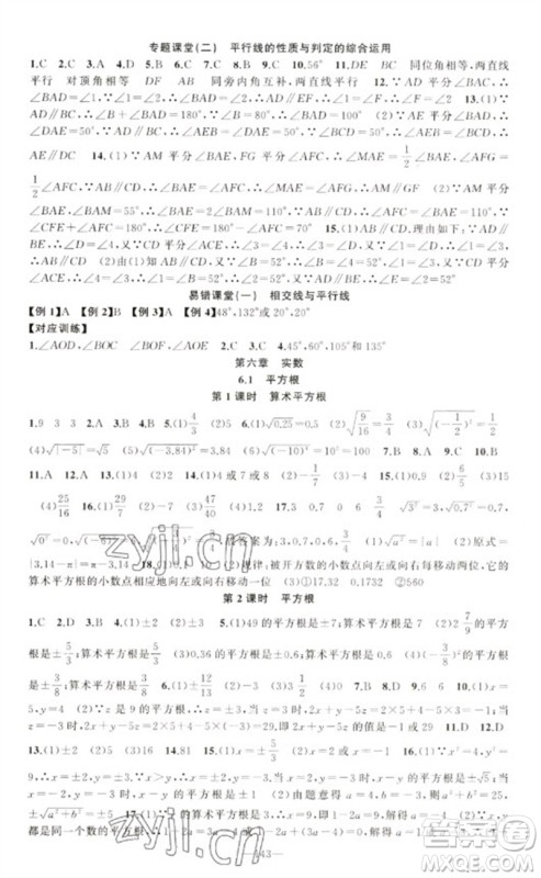 新疆青少年出版社2023原创新课堂七年级数学下册人教版参考答案