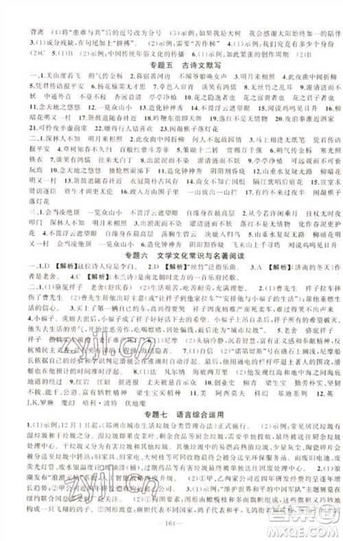 新疆青少年出版社2023原创新课堂七年级语文下册人教版少年季河南专版参考答案