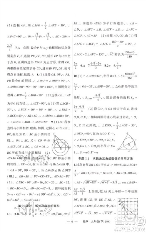 新疆青少年出版社2023原创新课堂九年级数学下册北师大版深圳专版参考答案