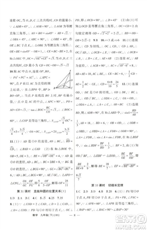 新疆青少年出版社2023原创新课堂九年级数学下册北师大版深圳专版参考答案