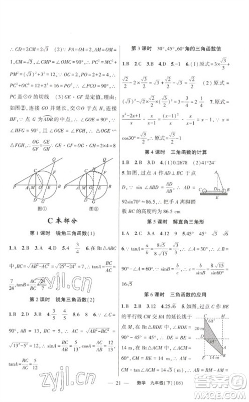 新疆青少年出版社2023原创新课堂九年级数学下册北师大版深圳专版参考答案
