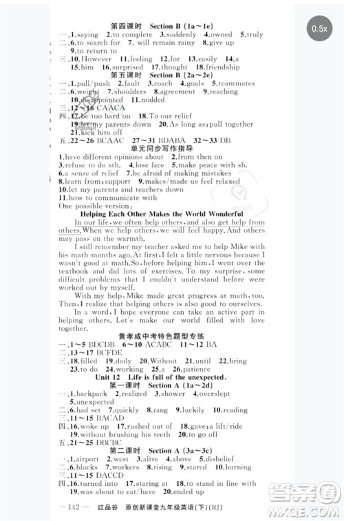 新疆青少年出版社2023原创新课堂九年级英语下册人教版红品谷参考答案