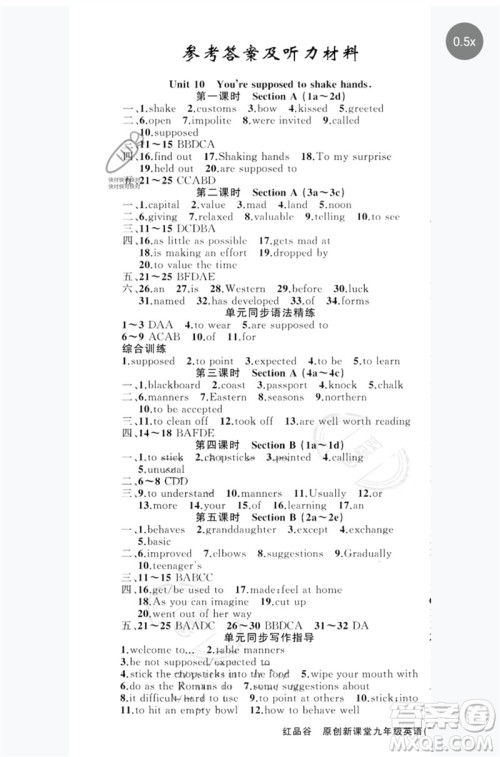 新疆青少年出版社2023原创新课堂九年级英语下册人教版红品谷参考答案 新疆青少年出版社2023原创新课堂九年级英语下册人教版红品谷参考答案