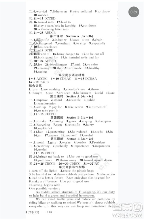 新疆青少年出版社2023原创新课堂九年级英语下册人教版红品谷参考答案