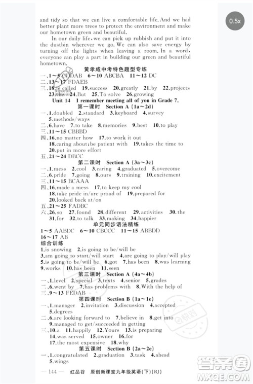 新疆青少年出版社2023原创新课堂九年级英语下册人教版红品谷参考答案