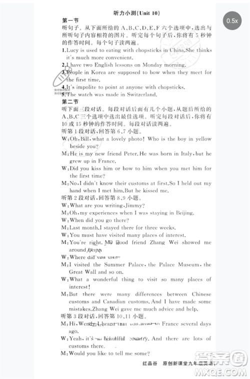 新疆青少年出版社2023原创新课堂九年级英语下册人教版红品谷参考答案