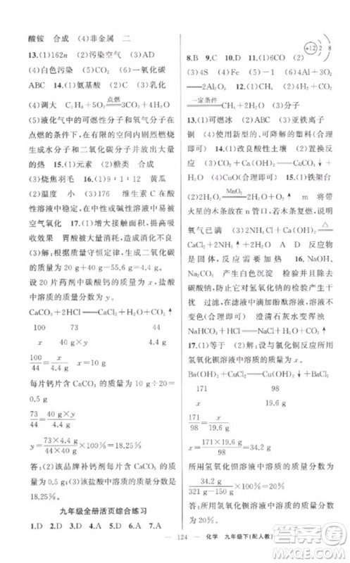 新疆青少年出版社2023原创新课堂九年级化学下册人教版参考答案 新疆青少年出版社2023原创新课堂九年级化学下册人教版参考答案