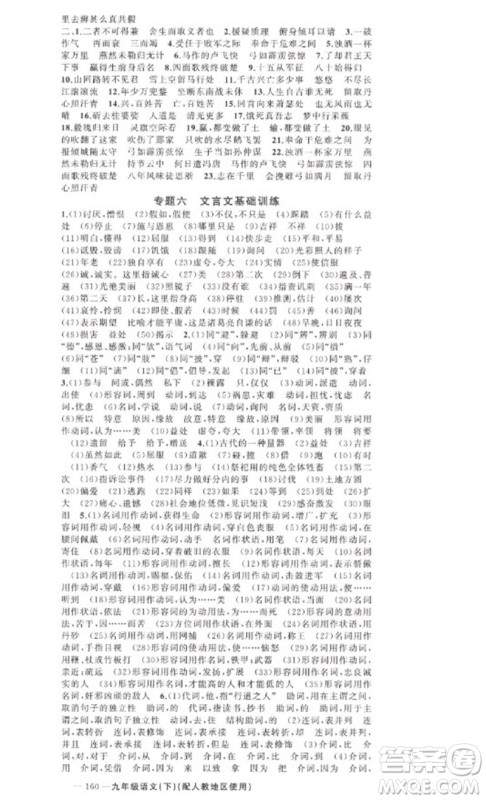 新疆青少年出版社2023原创新课堂九年级语文下册人教版参考答案