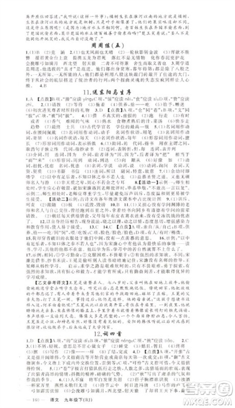 新疆青少年出版社2023原创新课堂九年级语文下册人教版少年季河南专版参考答案