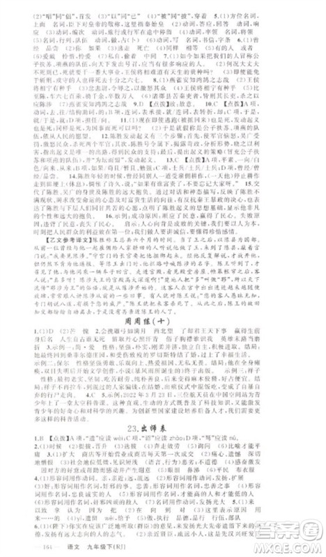 新疆青少年出版社2023原创新课堂九年级语文下册人教版少年季河南专版参考答案