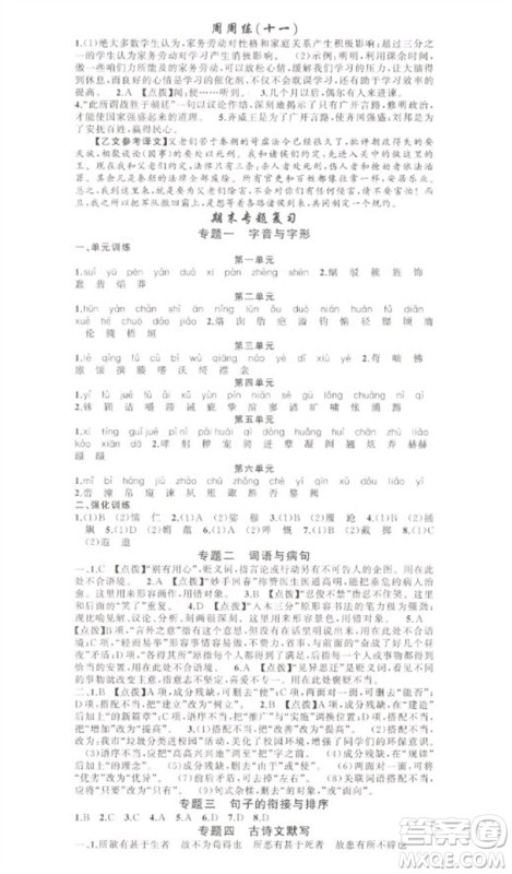 新疆青少年出版社2023原创新课堂九年级语文下册人教版少年季河南专版参考答案