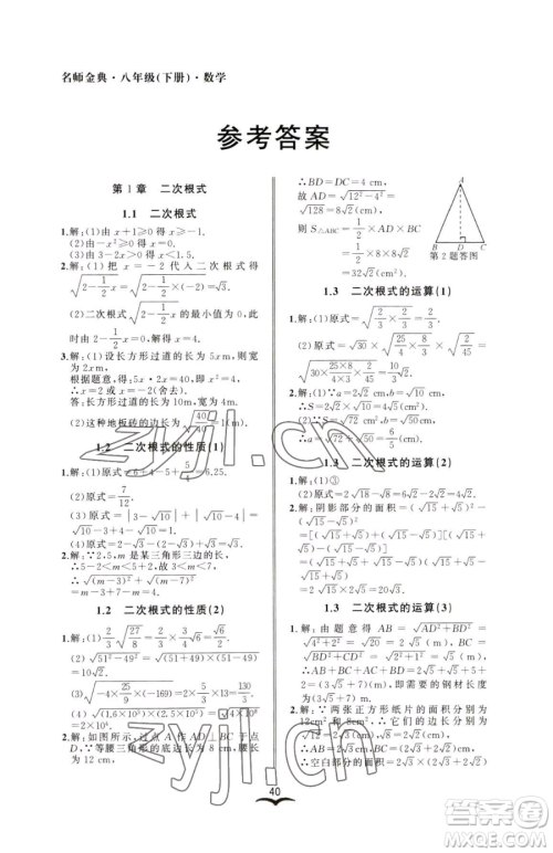 云南科技出版社2023名师金典BFB初中课时优化八年级下册数学浙教版参考答案