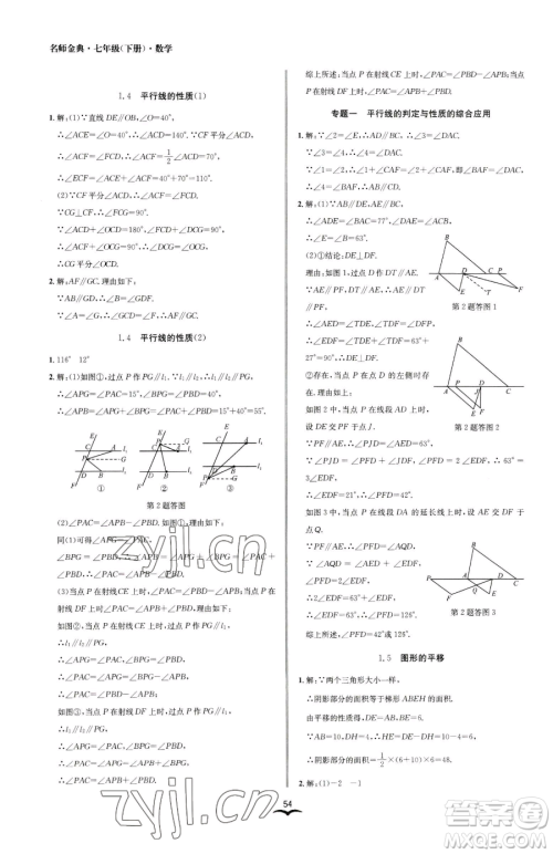 云南科技出版社2023名师金典BFB初中课时优化七年级下册数学浙教版参考答案