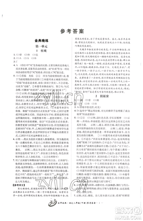 云南科技出版社2023名师金典BFB初中课时优化八年级下册语文人教版参考答案