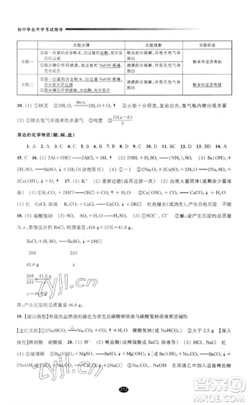 江苏凤凰教育出版社2023初中毕业升学考试指导九年级化学通用版参考答案